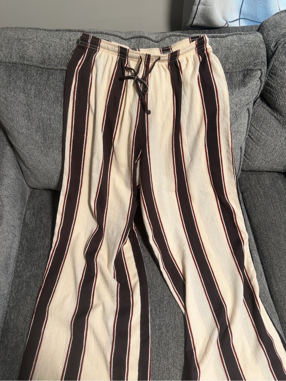 H&M Striped Wide-Leg Drawstring Pants - Cream & Brown